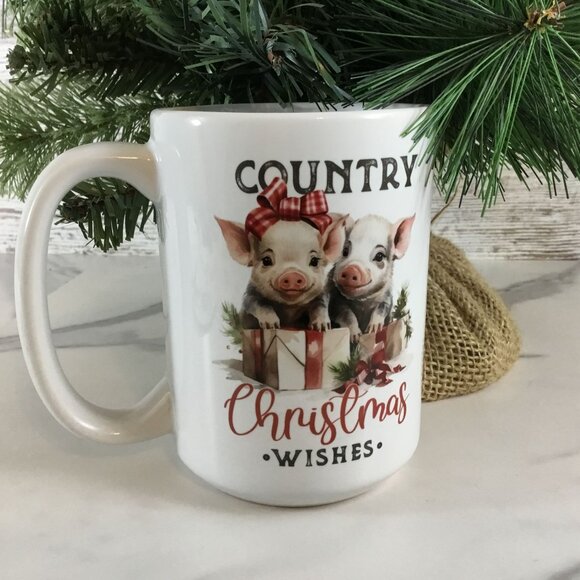Pig Country Christmas Wishes Ceramic Mug - 15 oz Coffee Cup - Picture 3 of 6